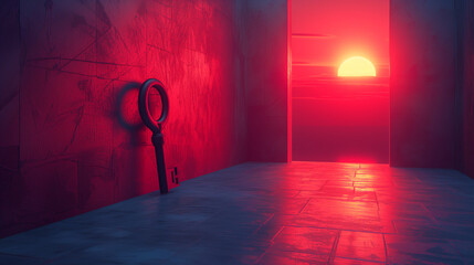 a large metal key is stuck to the wall in the room where through the open door portal you can see the horizon where the sun is setting, illuminating everything with a pleasant pink light