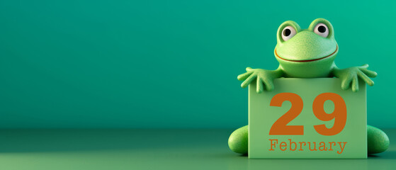 Happy Leap Day 29 February 2024, greeting card illustration with text - Leap year concept, green frog on table background