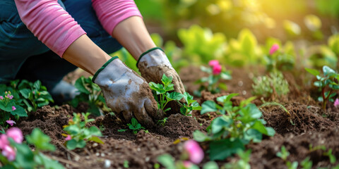 horticulture gardening flower planting as spring summer outdoor leisure hobby activity, gardener woman working in garden hands in gloves