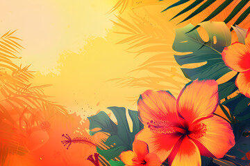 Fototapeta na wymiar Tropical background with palm leaves and flowers, copy space