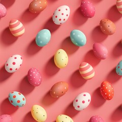 Fototapeta na wymiar **Minimal, pattern background of colorful eggs on pastel red. Easter
