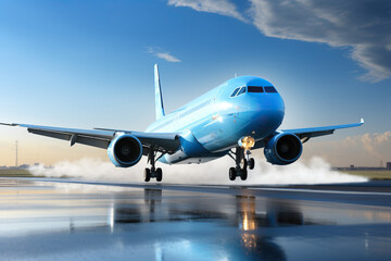 A blue passenger plane takes off. Generated by artificial intelligence