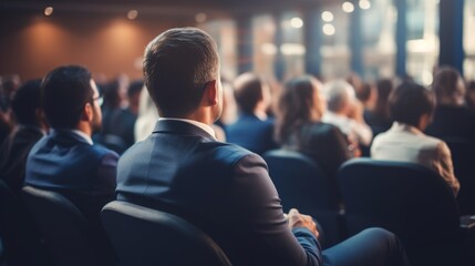 Business people sitting as an audience at a business convention or event in a meeting room 