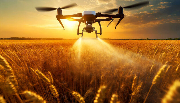 Closeup of a moving drone spraying pesticides, fertilizers or water on a cultivated field (wheat field) at sunrise or sunset. Generative Ai.