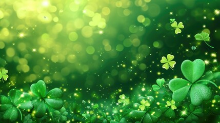 Vibrant green background with sparkling shamrocks and bokeh lights. - obrazy, fototapety, plakaty