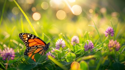 A monarch butterfly perched on a purple clover flower in a field, with sunlight filtering through in the background. Suitable for themes of wildlife, spring, and tranquility.