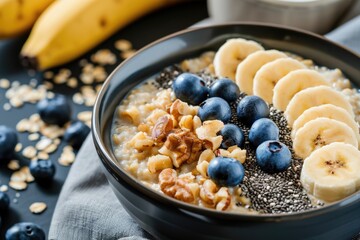Oat porridge with banana, blueberry, walnut, chia seeds and almond milk for healthy breakfast - obrazy, fototapety, plakaty