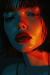 Mystic Beauty Portrait with Bold Lips, Artistic Makeup in Moody Lighting