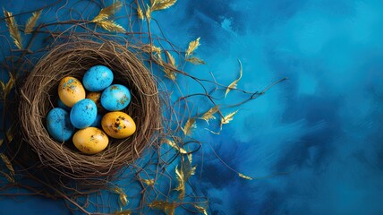Banner. Easter eggs with feathers in a nest on a blue background. A nest with feathers floats in the air.