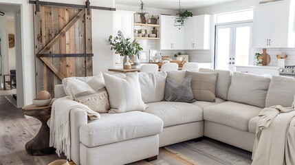A modern farmhouse living room with a sectional sofa, reclaimed wood accents, and barn door decor