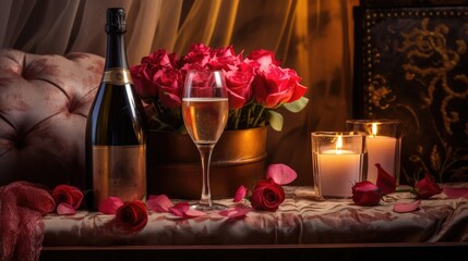 Fototapeta na wymiar Romantic ambience with roses champagne and hearts