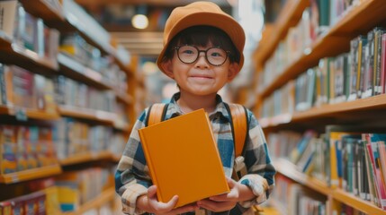 A child eagerly shows their recently purchased books in a bookstore, brimming with excitement for the upcoming school year and the opportunity to make new friends