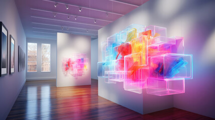 Virtual museum. AI and Augmented Reality . Art installations in the gallery - 740042925