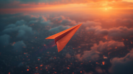 a paper plane of an orange hue that flies at a high altitude above the clouds against the...