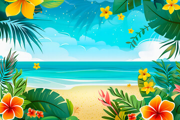 Fototapeta na wymiar Tropical background with palm leaves and flowers, seaview, copy space