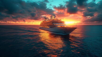 Fototapeta premium Cruise Ship Luxury: An elegant shot of a luxury cruise ship at sea during sunset, featuring deck lights and the vast expanse of the ocean