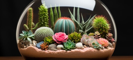 A collection of succulents and cacti wallpaper. Composition of succulents and cacti in a terrarium background banner