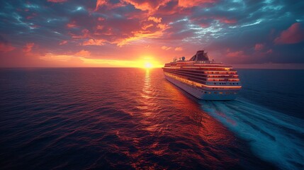 Cruise Ship Luxury: An elegant shot of a luxury cruise ship at sea during sunset, featuring deck lights and the vast expanse of the ocean - obrazy, fototapety, plakaty