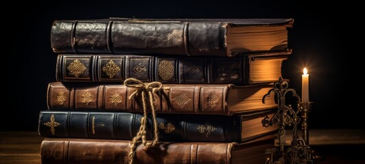 Antique leather-bound books. Image with vintage charm by showcasing a stack of antique leather-bound books with candle background banner wallpaper - obrazy, fototapety, plakaty