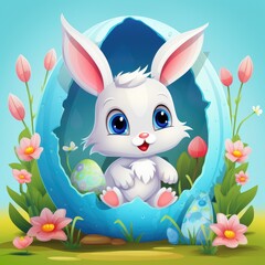 Cute painted rabbit inside an Easter egg.