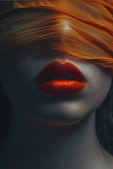 Mysterious Woman with Red Lips Veiled in Sheer Orange Fabric, Elegance and Secrecy