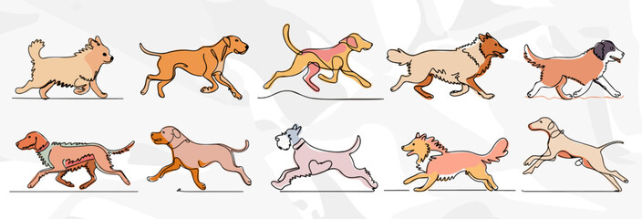 Lebhafte Hundelinien: Pastellfarbenes Vektorgrafik-Bundle mit laufenden Hunden