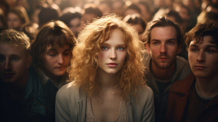 Fototapeta premium Portrait of a beautiful girl among a crowd of people
