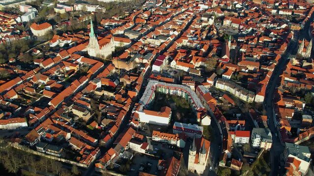  Aerial around the old town of the city Mühlhausen in Thuringia, Germany on a sunny day day in winter