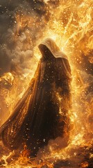 Figure in a cloak its face a canvas of shooting stars standing amidst the fiery rivers of a glowing magma field