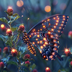 Fluorescent serotonin molecule with a butterfly perched atop its wings patterned like the chemical...