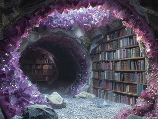 Geode cavern opening into an underground library shelves lined with crystal books
