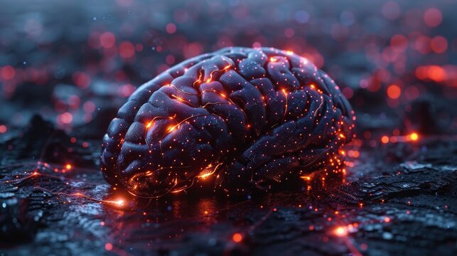 Geometric brain model with glowing neural connections paired with a brain computer interface headset amidst a network of floating data