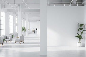 Expansive Modern Office Interior with Natural Light. Spacious white office with large windows and green plants.