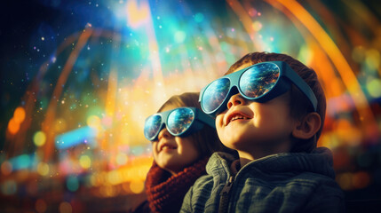 Children in bright sunglasses on vibrant blurred background
