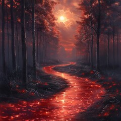 Glowing hemoglobin rivers flowing through an enchanted forest nourishing trees that whisper ancient secrets
