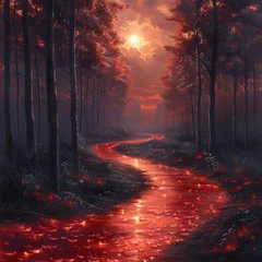 Photo sur Plexiglas Rivière forestière Glowing hemoglobin rivers flowing through an enchanted forest nourishing trees that whisper ancient secrets