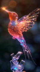 Glowing neon glucose model intertwined with a hummingbird in mid flight its iridescence matching the molecules colors