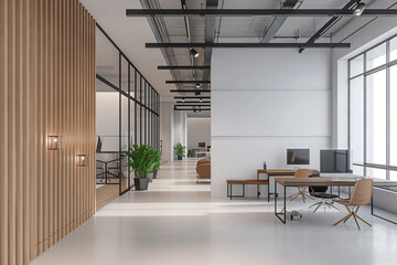 Contemporary Office Design with Wood Accents and Greenery. Office embodies a contemporary design with sleek wood accents, an abundance of natural light, creating a productive and stylish workspace.