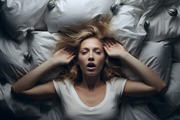 Woman desperately covers ears in bed to drown out noise. Concept Desperate, Ears, Covering, Noise, Bed