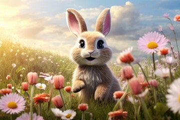 Anthropomorphic rabbit in a meadow with pink flowers.