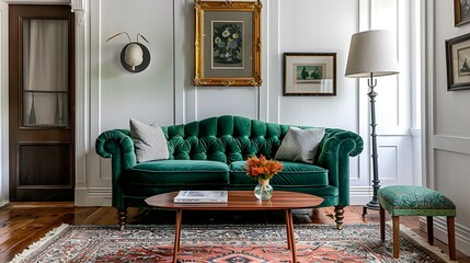 a guest room with a velvet settee in deep emerald green, serving as a stylish focal point