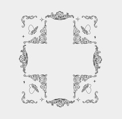 Hand drawn vector abstract outline,graphic,line vintage baroque ornament floral frame in calligraphic elegant modern style.Baroque floral vintage outline design concept.Vector antique frame isolated. - 740045170