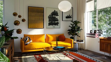 a guest room with a mid century modern sofa in mustard yellow, creating a retro inspired ambiance - obrazy, fototapety, plakaty