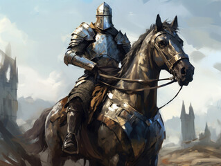 Knight in armor on horseback. Digital art.
