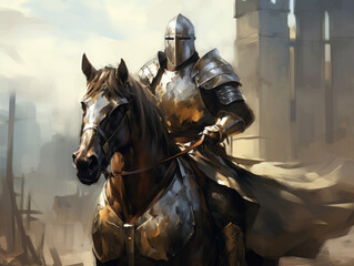 Knight in armor on horseback. Digital art.