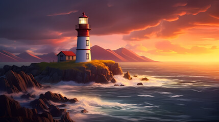 Obraz premium In the rough sea, a steadfast lighthouse shines a guiding light