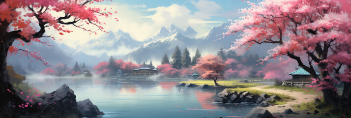 Garden with blooming sakura. Panoramic view. Digital art.