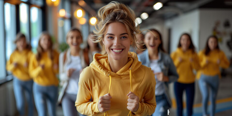 Happy young woman in a modern coworking space against the background of successful business people. Concept of successful negotiations and deal completion.