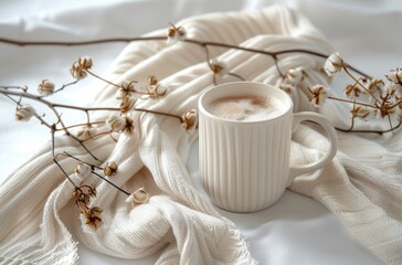 a mug of coffee beside a cotton scarf on a white background