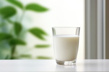 A glass glass with lactose-free oatmeal milk stands on a marble table